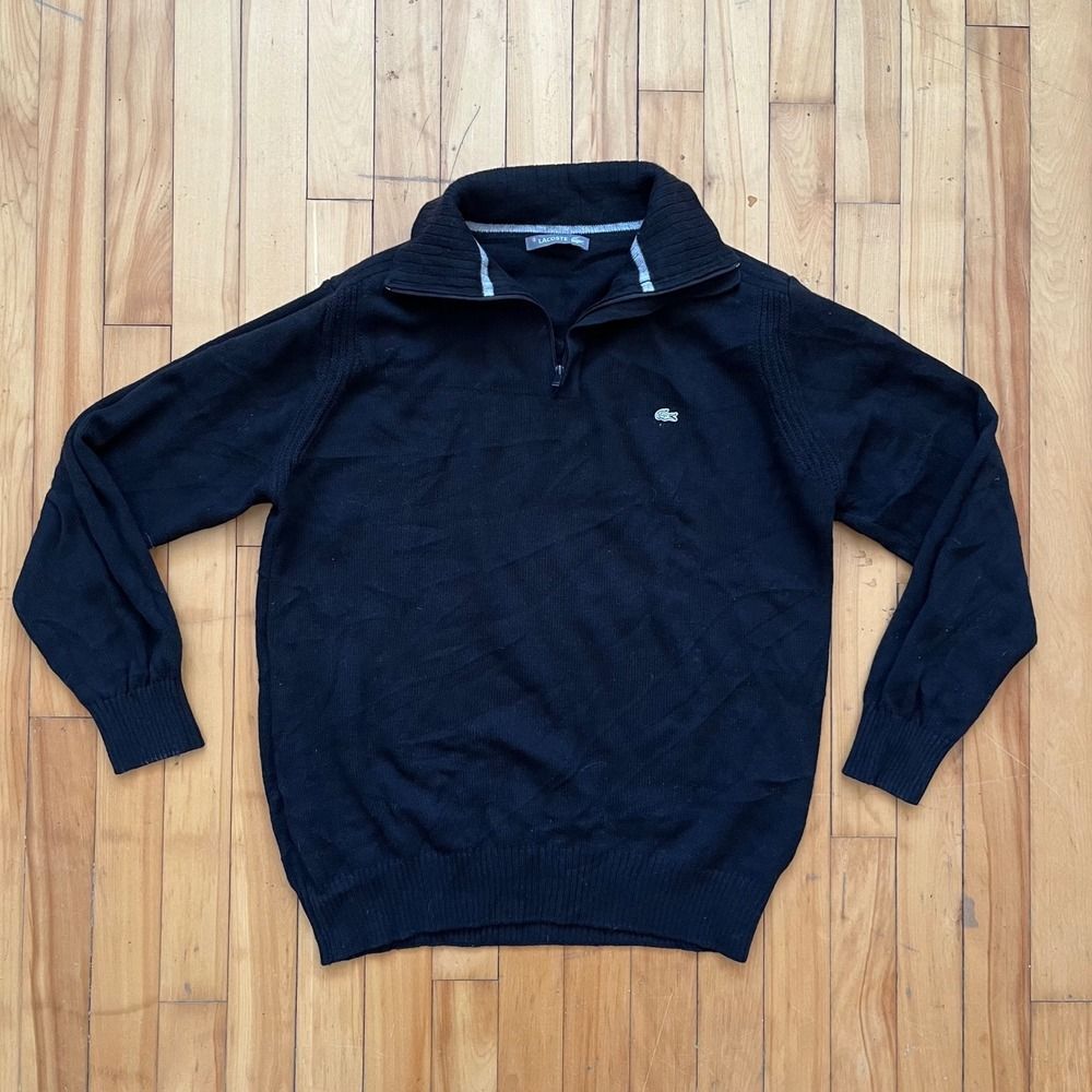 Lacoste Black 1/4 Zip Sweater Mens Size M Cotton Wool Blend Mock Neck Pullover